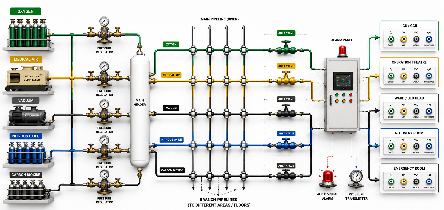 MGPS architecture diagram showing medical gas source, manifold, pipeline, valve box, alarm and hospital outlets