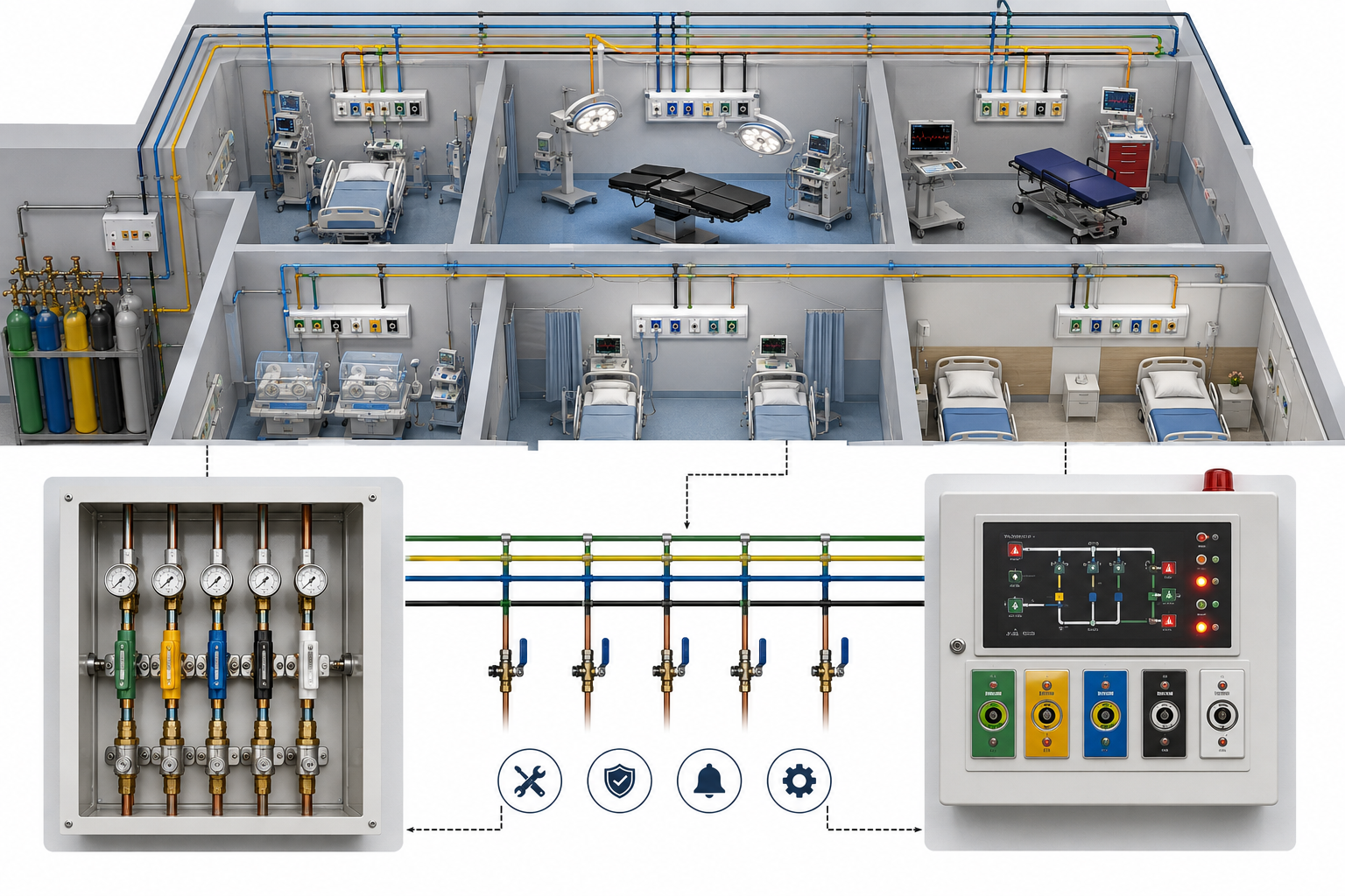 Medical gas area valve service unit and alarm panel diagram
