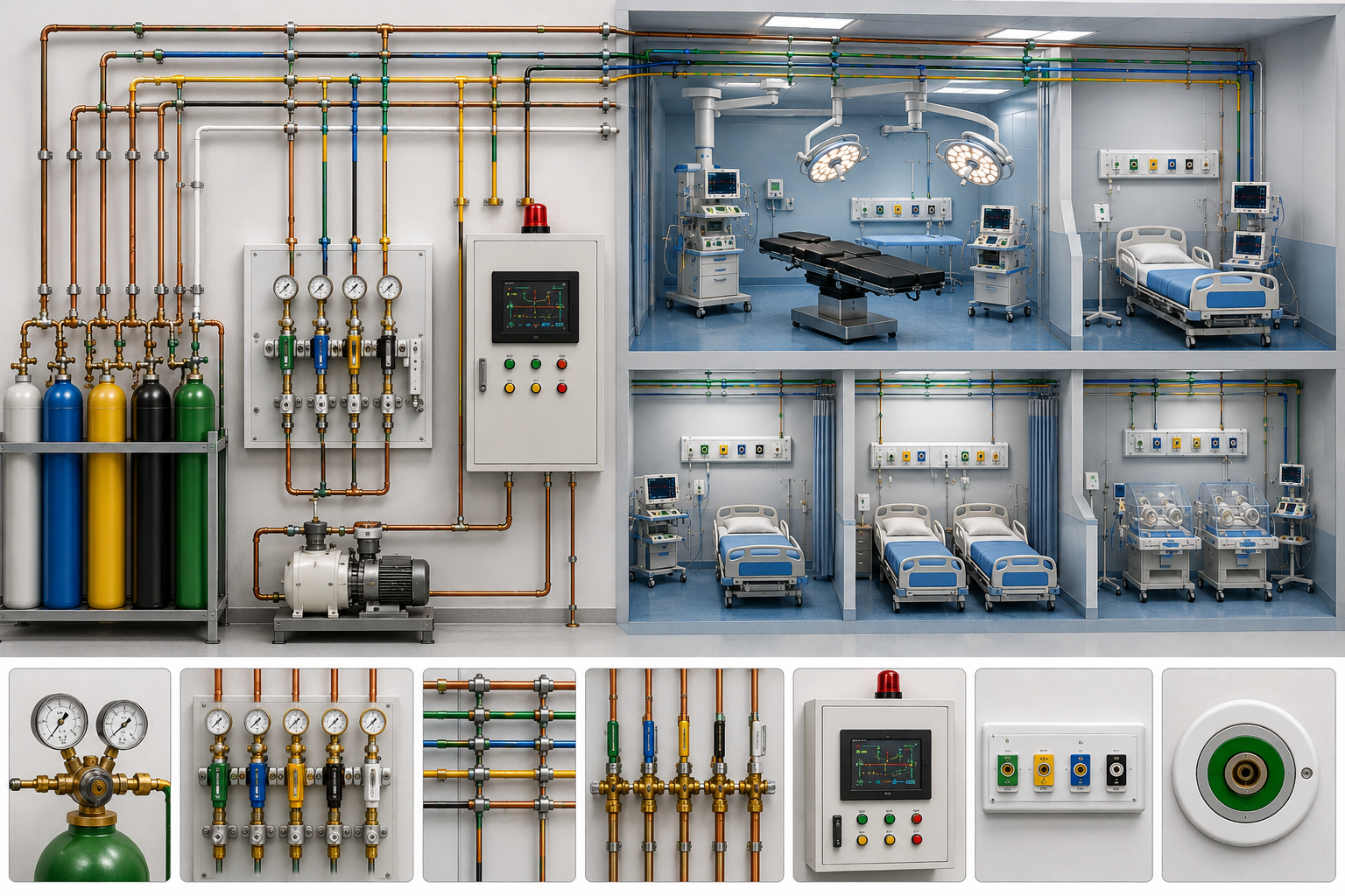 Medical Gas Pipeline System diagram showing source, pipeline distribution, valves, alarms and outlets