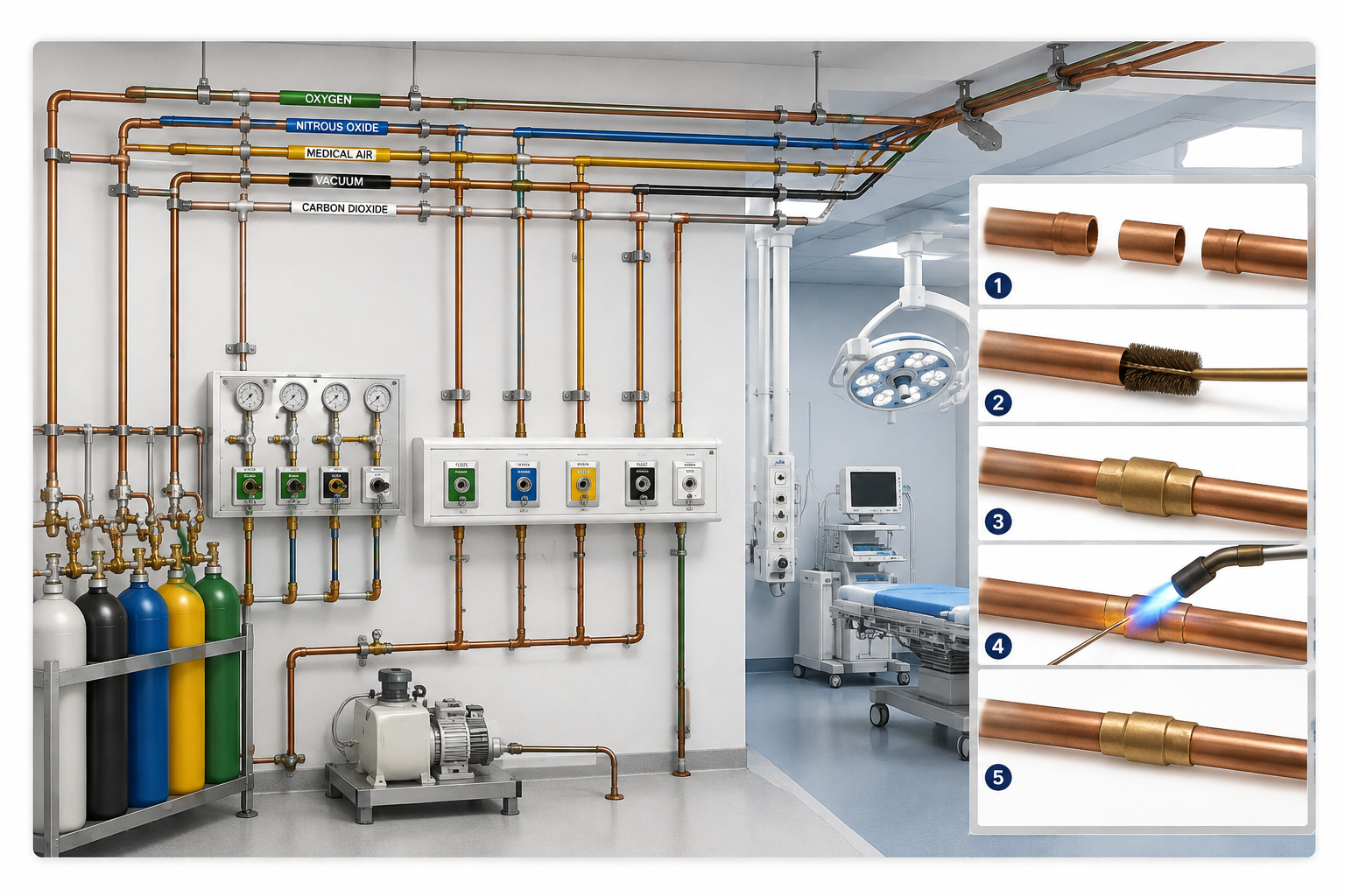 Medical gas copper pipeline installation and brazed jointing diagram